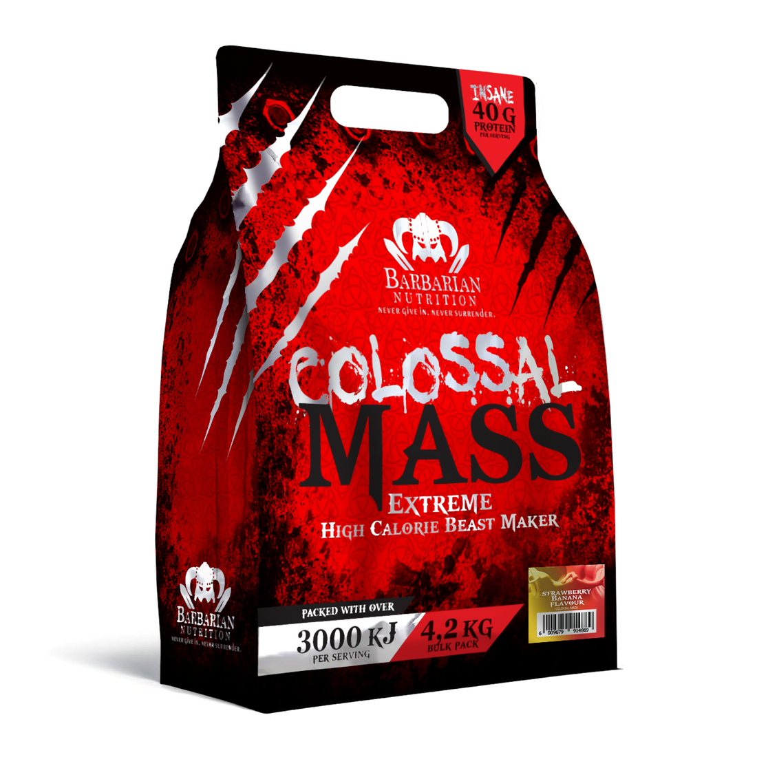 A package of Barbarian Nutrition Colossal Mass, a high-calorie Beast Maker supplement with 3000kJ per serving, in a red and black bag with a graphic design.