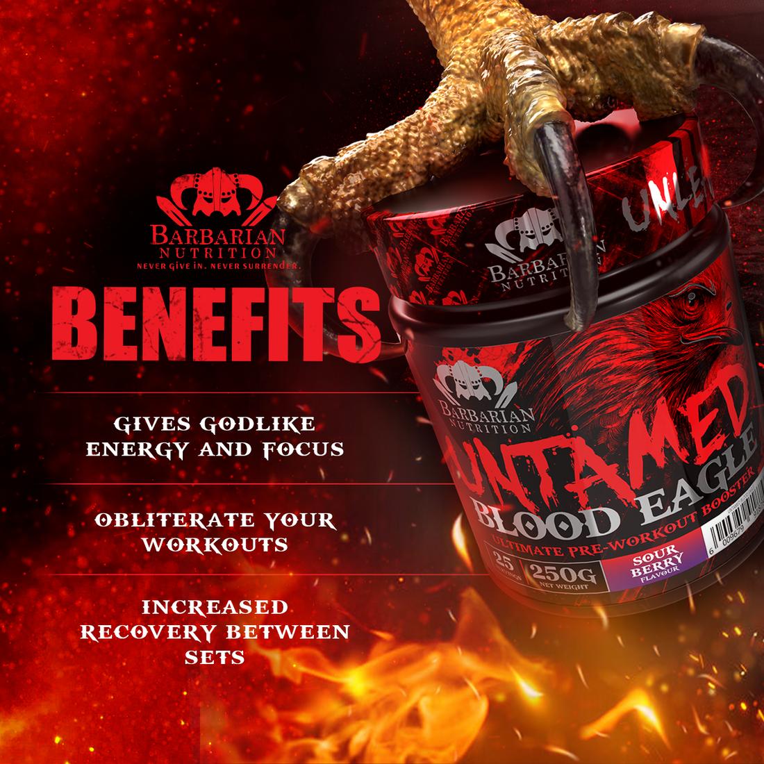 A container of Barbarian Nutrition's Untamed Blood Eagle pre-workout supplement with a predominantly red design featuring text and branding.