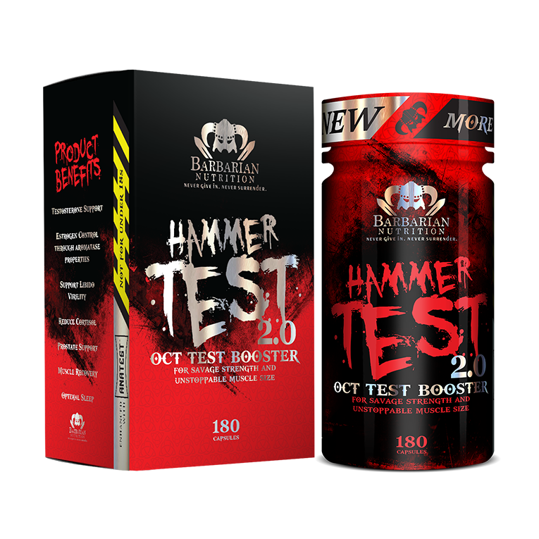 Packaging for Hammer Test 2.0, a supplement for natural hormone production, featuring a red and black design with text and branding.