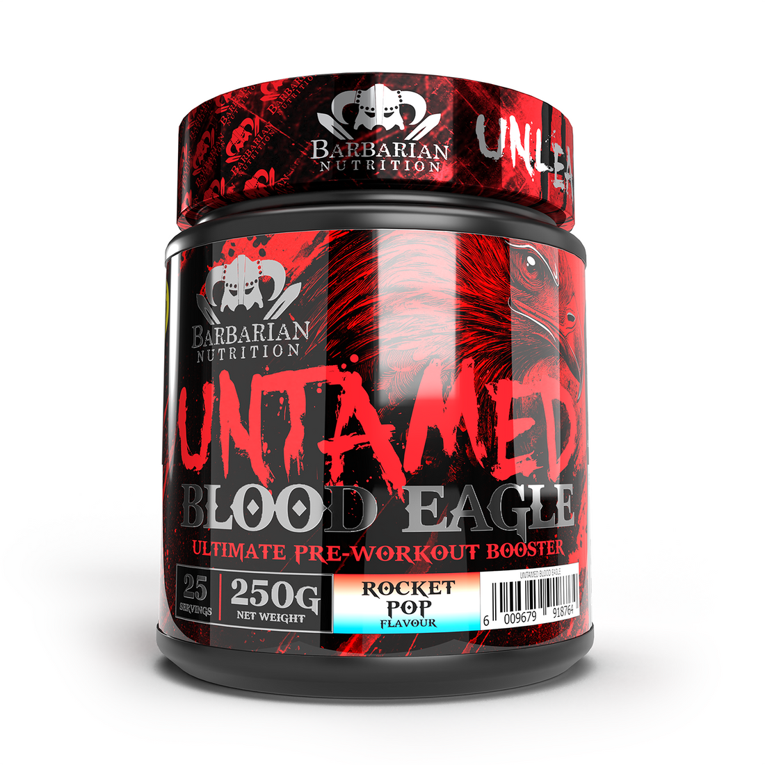 A container of Barbarian Nutrition's Untamed Blood Eagle pre-workout supplement with a predominantly red design featuring text and branding.