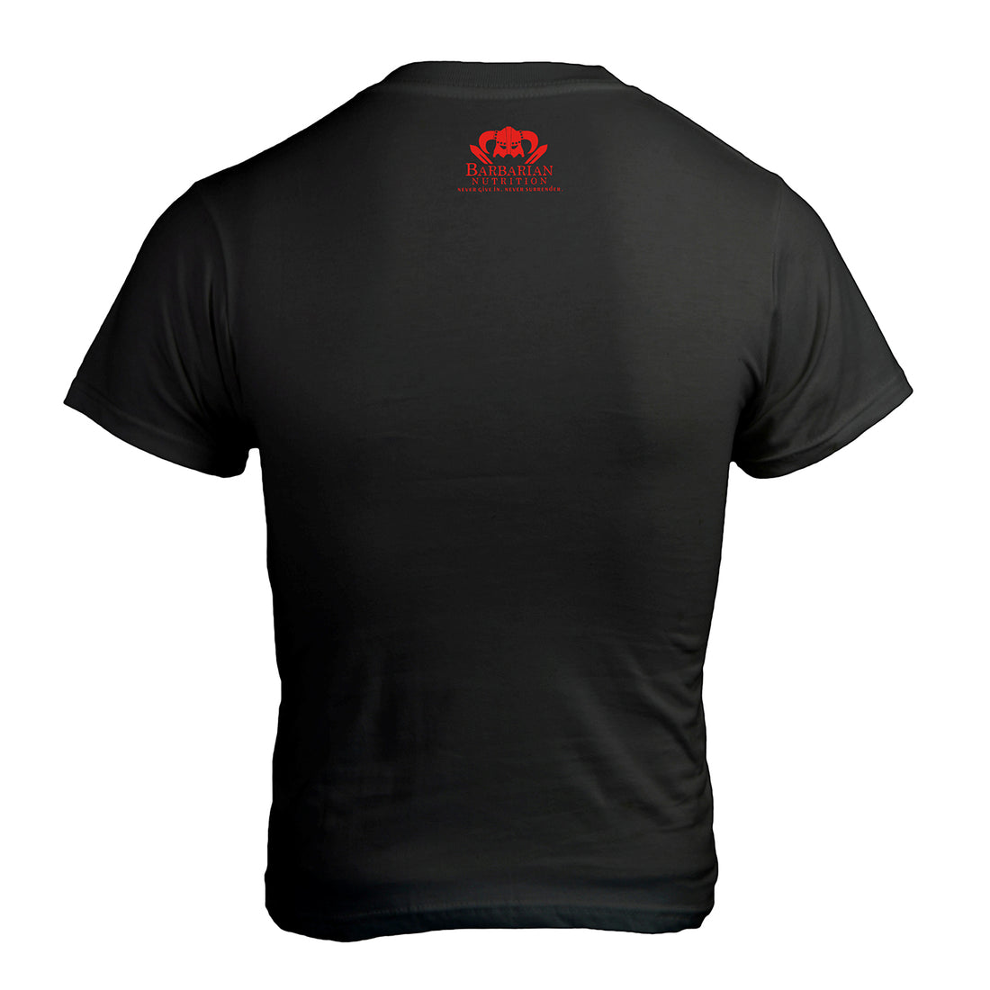 Black graphic t-shirt with a Viking-inspired design including a skull, axes, and the text 'BARBARIAN'.