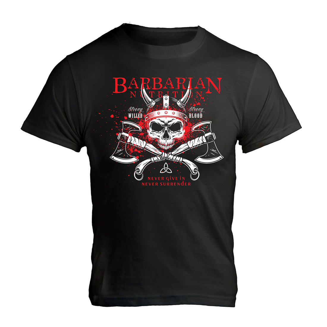 Black graphic t-shirt with a Viking-inspired design including a skull, axes, and the text 'BARBARIAN'.