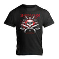 Black graphic t-shirt with a Viking-inspired design including a skull, axes, and the text 'BARBARIAN'.