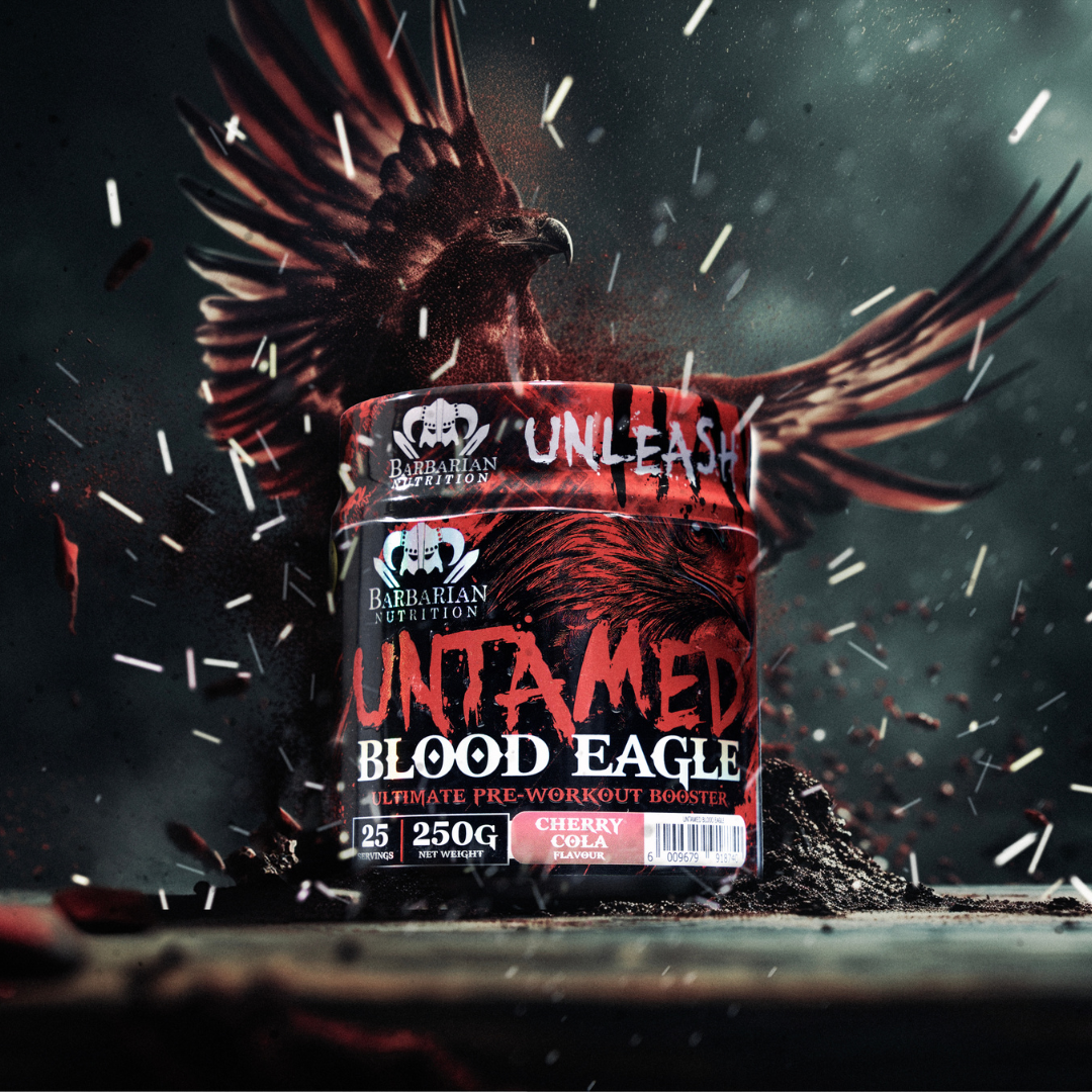 Pre-workout supplement container labeled 'Untamed Blood Eagle' with an eagle in the background.
