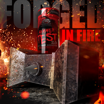 Red supplement bottle labeled 'Hammer Test' on a metallic anvil with flames and 'Forged in Fire' text.